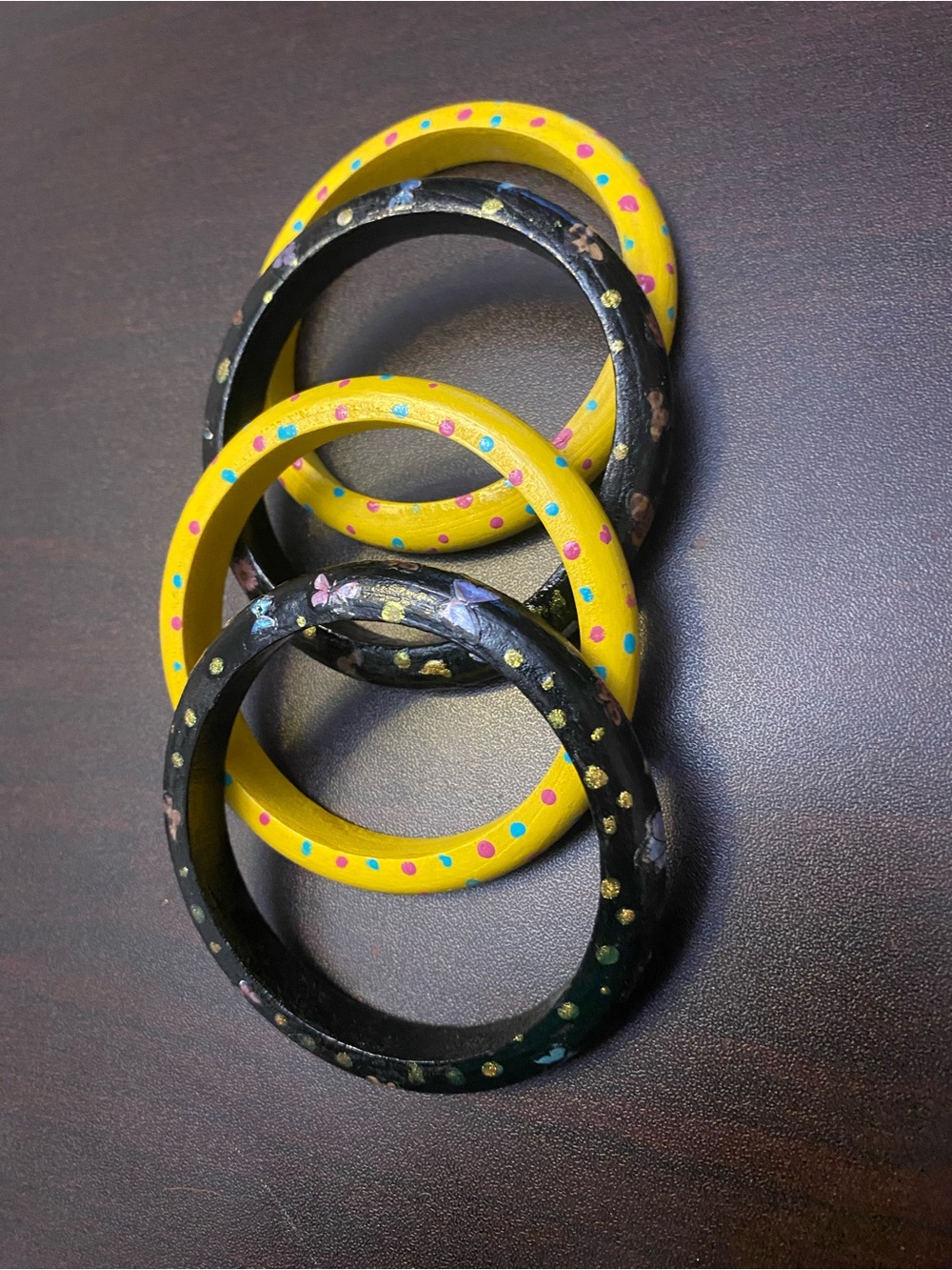 Hand-Painted Yellow and Black Wooden Bangle Set